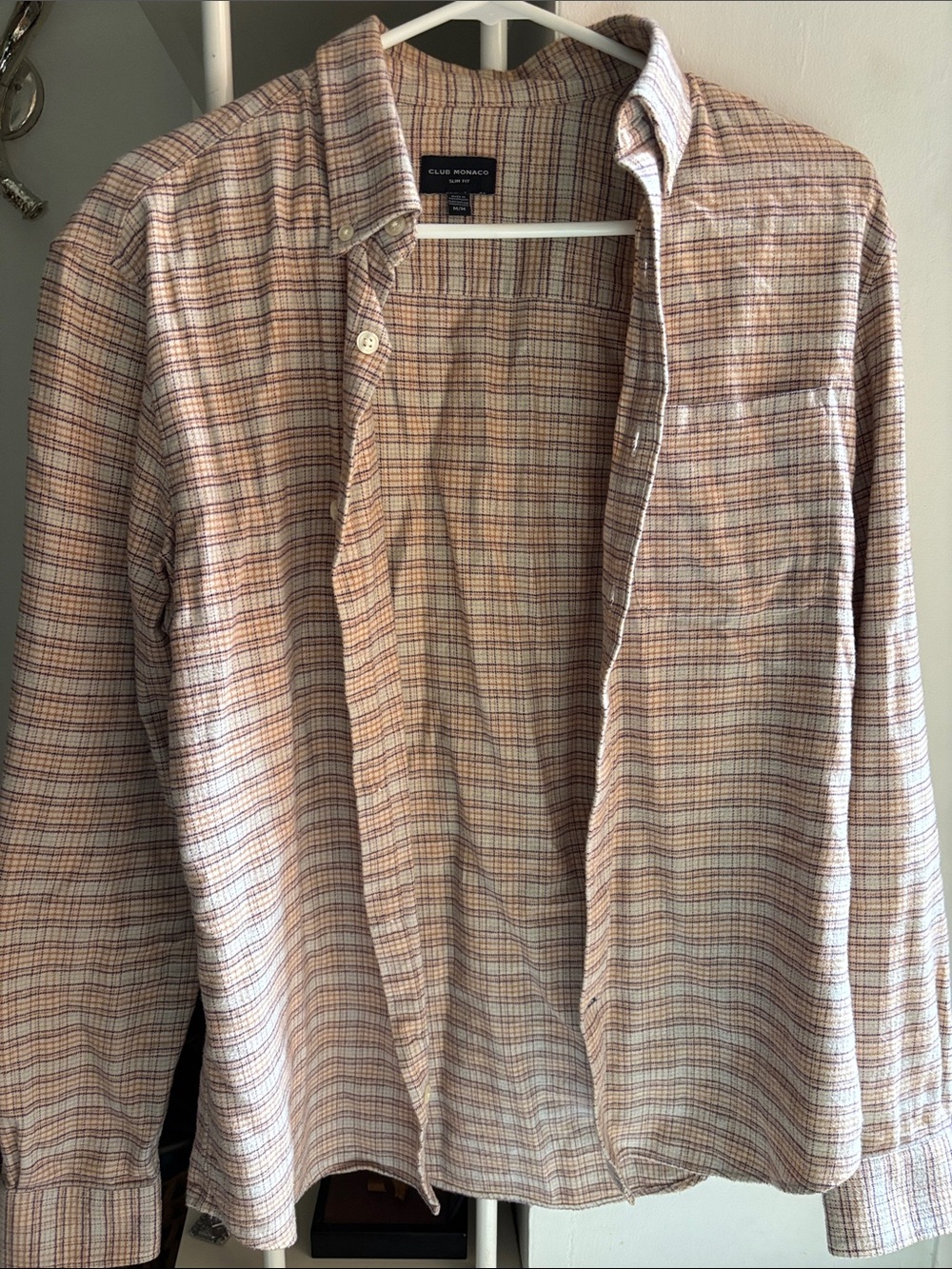 Club Monaco Men's Long-Sleeve Plaid Button-Down Shirt in Tan and Cream